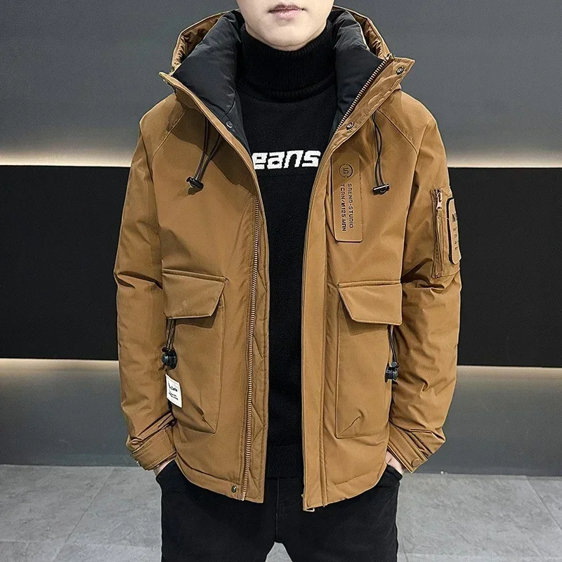 2024 Men's New Trend Brand Thick Warm Casual Short Hooded Cargo Down Coat Relaxation Casual Loose Hooded Down Jacket  Greatcoat