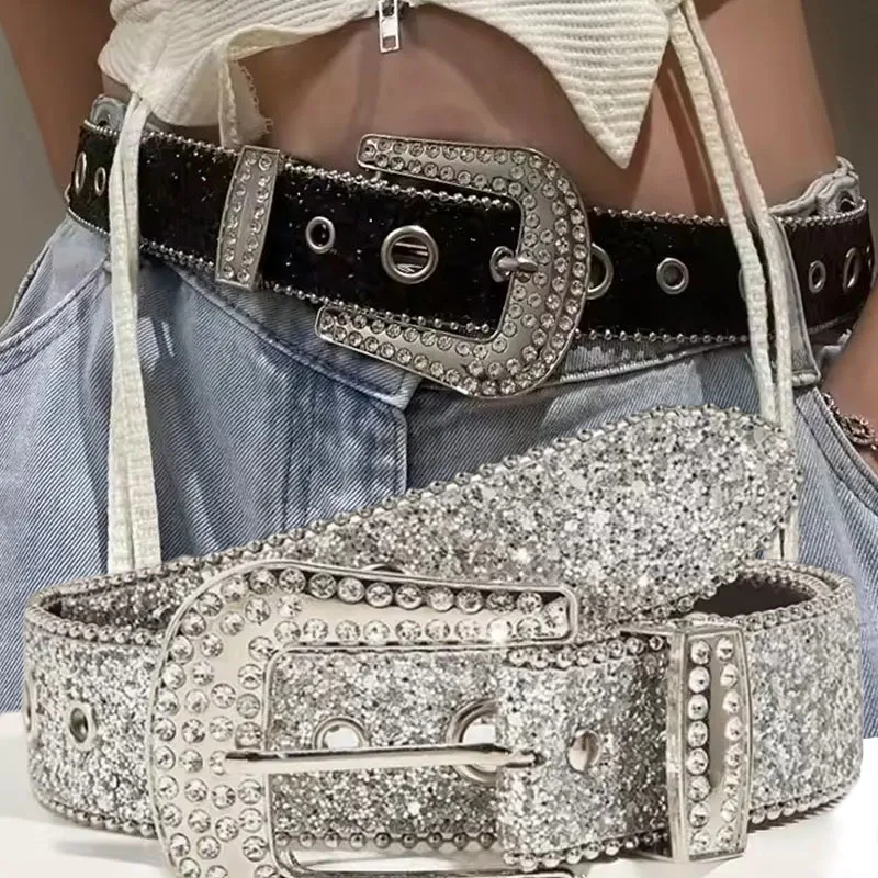 Y2K Full Rhinestone Belts for Women Men Fashion Diamond Bling PU Metal Buckle Pin Waist Belt Leisure Dress Jeans Wild Waistband