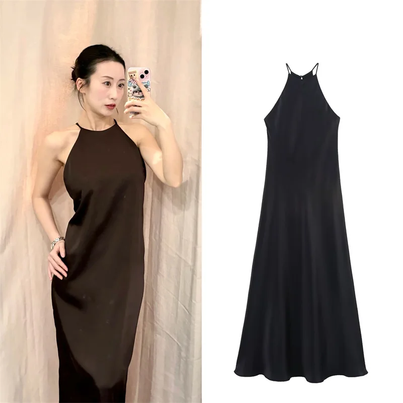Robe mi-longue en Satin de soie noire pour femmes, tenue Sexy, épaules dénudées, tempérament élégant et personnel élégant, nouvelle collection été 2025
