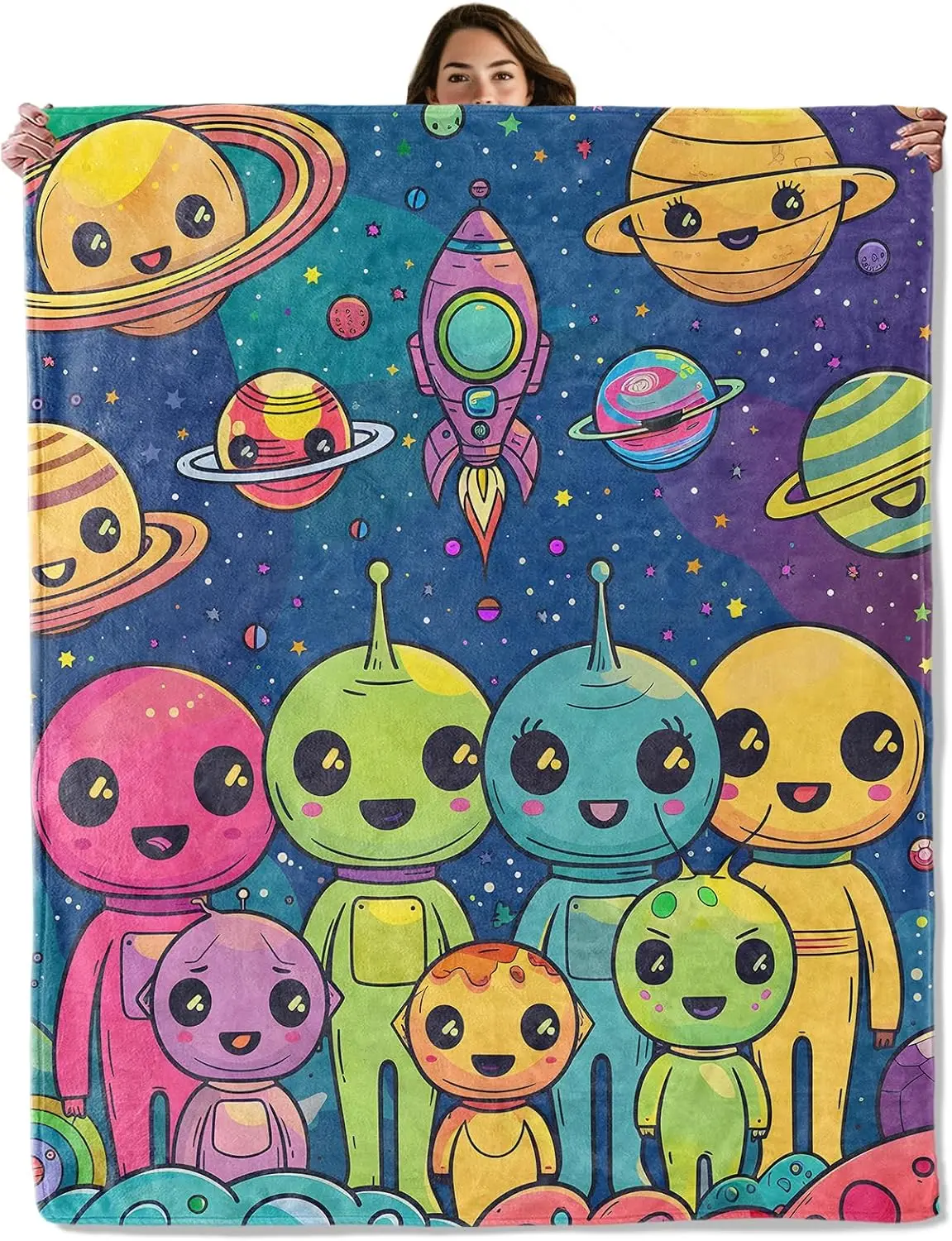 Oversized Galaxy Planets Cartoon Space Throw Blanket for Kids Toddler Nursery Decor 150x200cm