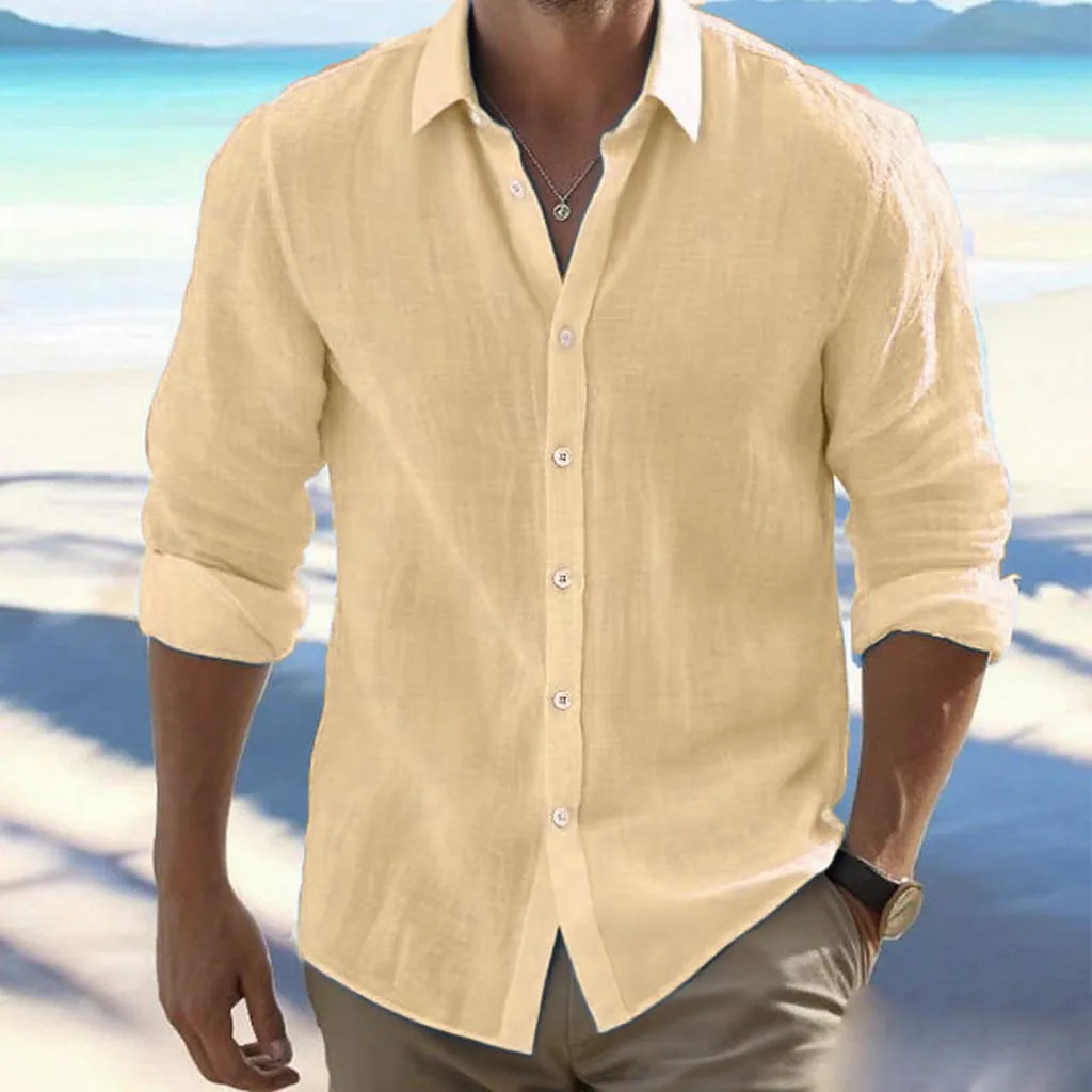 Camicia con risvolto a maniche lunghe da uomo di grandi dimensioni 2026 di vendita calda in misto cotone tinta unita estiva colletto alla coreana stile spiaggia casual