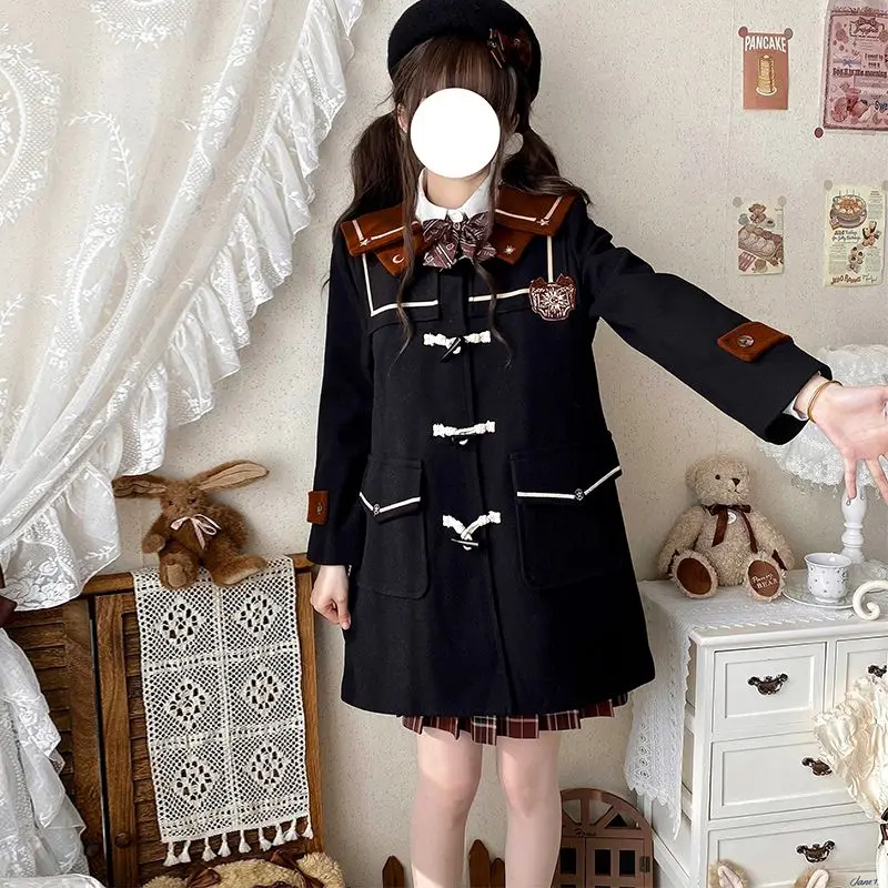 

Japan JK Original Horn Button Coat Autumn And Winter Women'S Thickened Cotton Christmas New Year'S Black New Woolen Coat