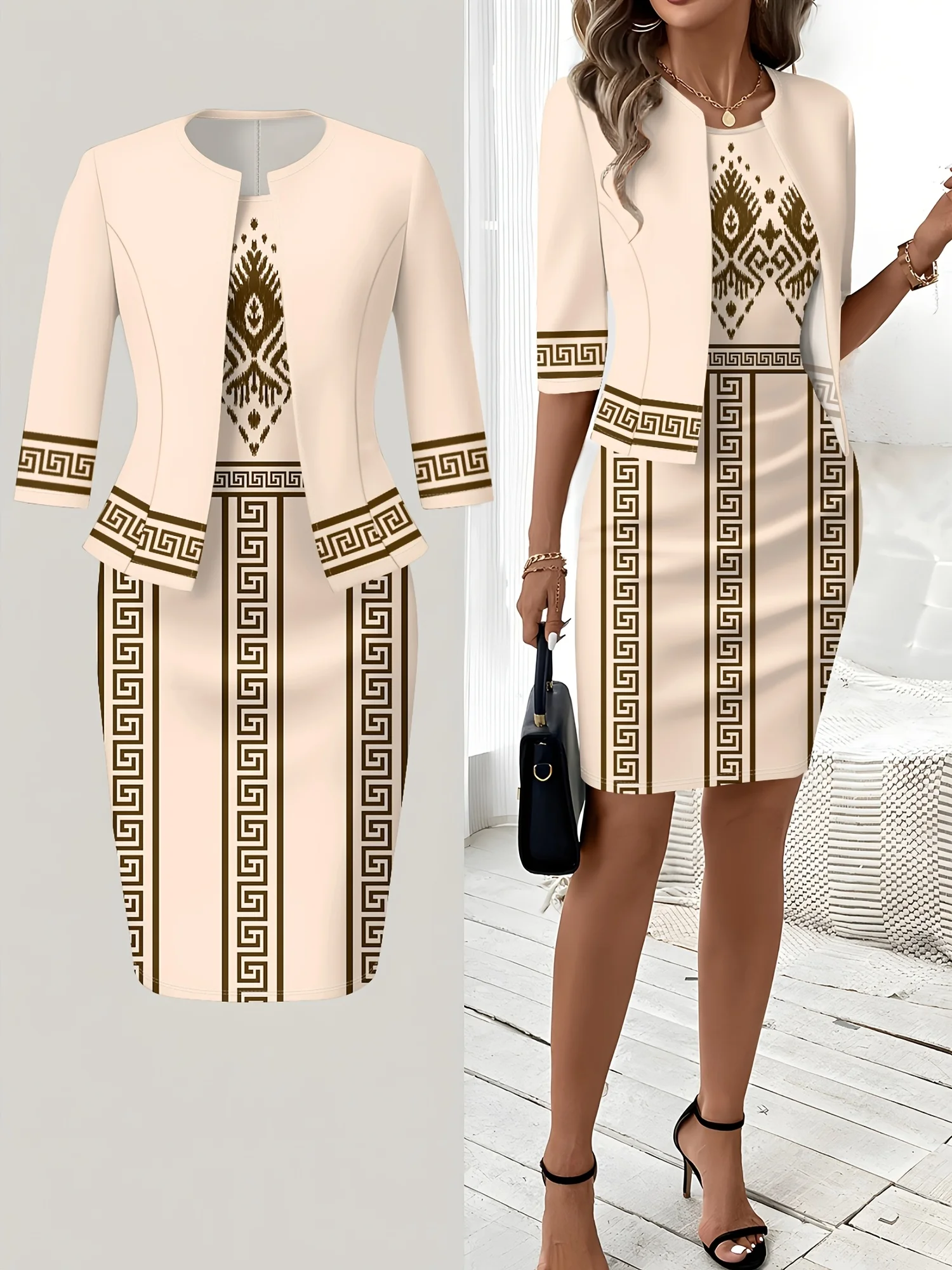 Printed design Casual Style Geometric Greek Key Tribal Print Round Neck Dress Set