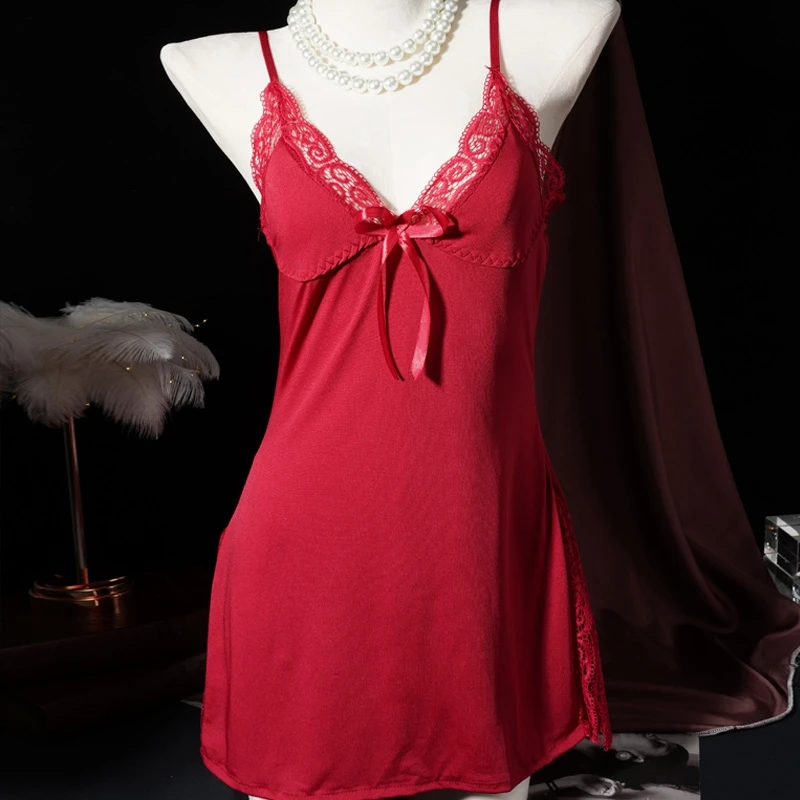 

Women's High Slit Lace-Edged Nightgown Sexy Bow Spaghetti Strap Dress Comfortable Seductive Women's Home Wear Lingerie