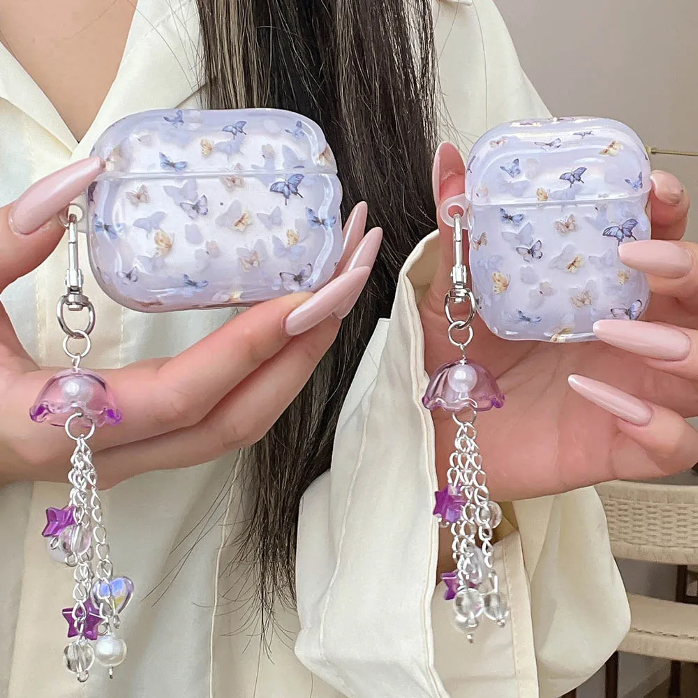 الأرجواني فراشة الرياح الرنين الحلي الحال بالنسبة AirPods Pro 2 3 4 AirPods Pro2 Pro3 Airpods4 لينة بولي TPU للصدمات غطاء سماعة الاذن