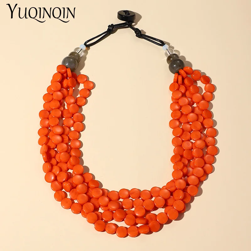 Trendy Colorful Resin Beads Short Necklaces for Women Summer Bohemian Layered Big Pendant Necklaces Vintage Hot Fashion Jewelry