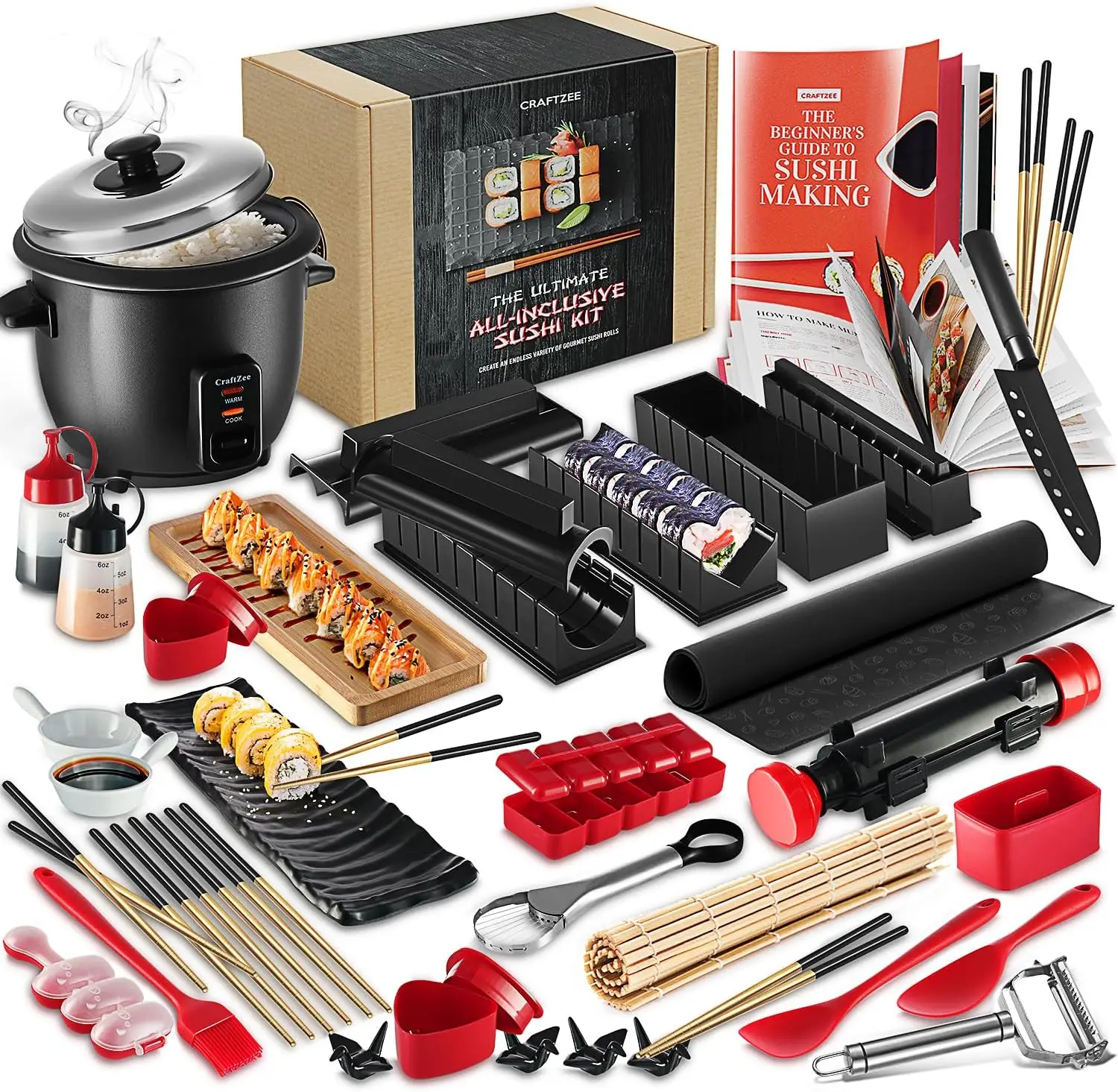 

All-Inclusive Sushi Making Kit for Beginners & Professionals - Sushi Maker with Rice Cooker, Reusable Chopsti