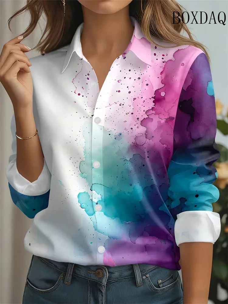 Women's New Loose Shirts Fashion Long Sleeve Shirt Elegant Tie Dye Gradient Print Blouse Autumn Casual Button Lapel Tops Women's