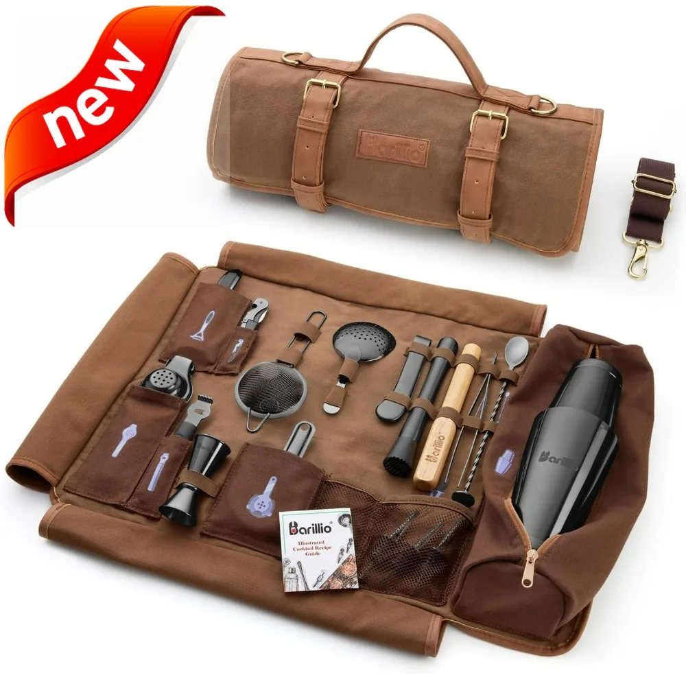 

Waxed Canvas Bartending Kit Bag with 17-Piece Cocktail Set and Black Shaker for Traveling Bar
