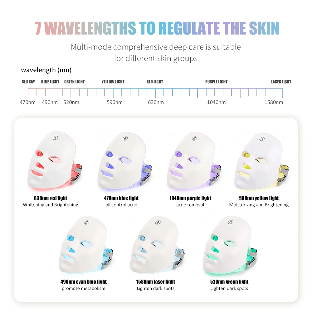 7 Colors LED Facial Mask with Neck LED Light Therapy Mask Skin Rejuvenation Anti Acne Beauty Device Face Lifting Firm Massager