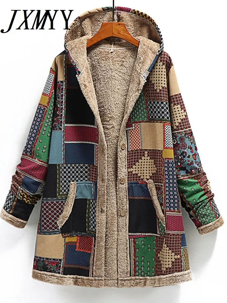 2024 Winter Vintage Vrouwen Jas Warme Print Dikke Fleece Capuchon Lange Jas Met Zak Dames Outwear Losse Jas Voor Dames