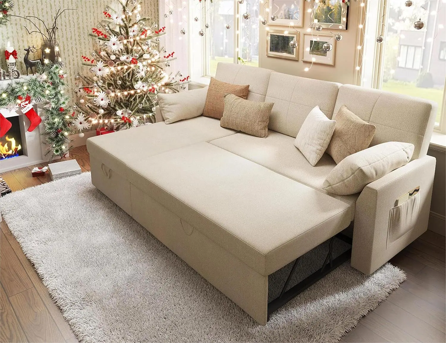 

Sleeper Sofa, Sofa Bed- 2 in 1 Pull Out Couch Bed with Storage Chaise for Living Room, Beige Chenille Couch, 59"D x 84"W x 39"H