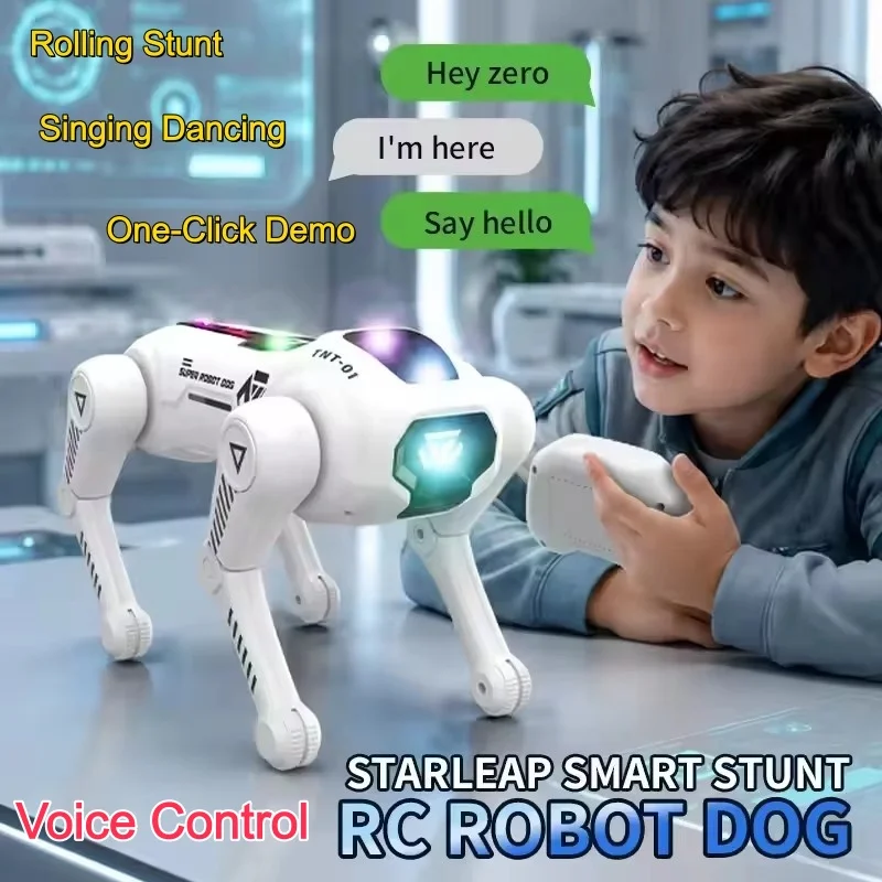 Multi Functional SMART STUNTRC ROBOT DOG Voice Control Programming One-Click Demo Rolling Stunt RC Dog with Lights Sing Dance