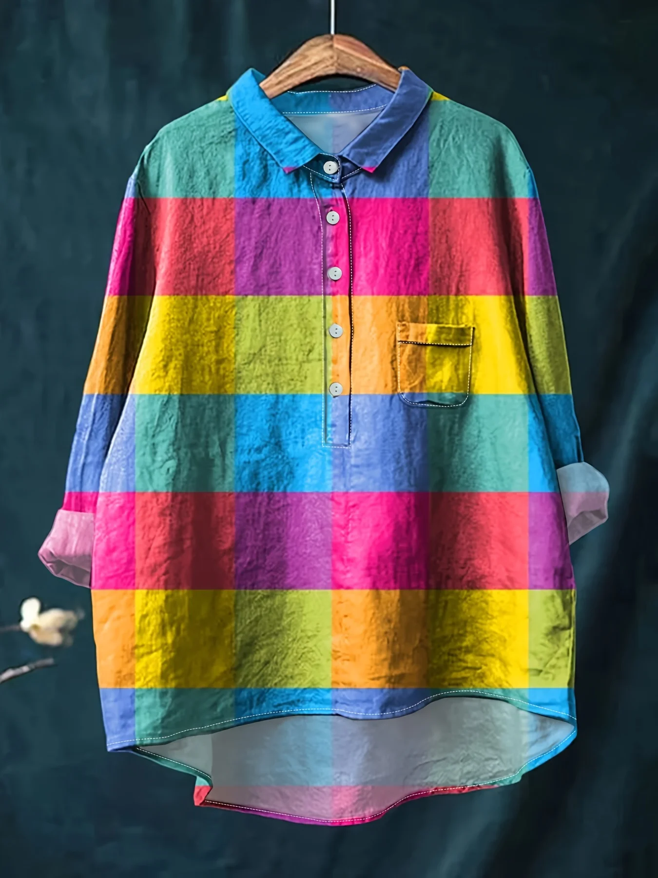 

Ladies' casual loose fit floral printed button up shirt - Super high-quality colored blocks top,