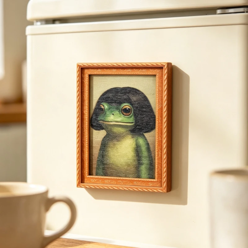 1Pc Mini Wooden Photo Frame Frog Fridge Magnet Funny Green Frog & Haircut Modern Kitchen Decor Office Refrigerator Ornament