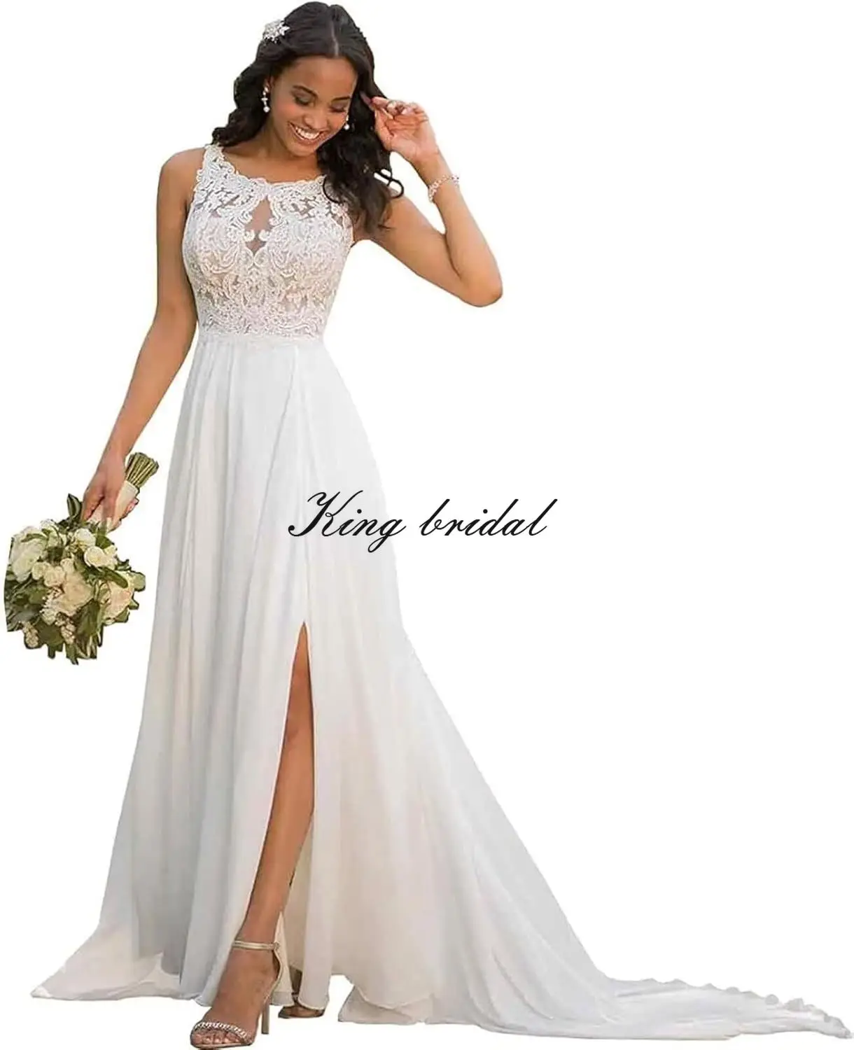 Элегантное шифоновое кружевное платье на заказ с аппликацией для невесты 2026 Длинное свадебное платье трапециевидной формы с разрезом в стиле бохо для женщин