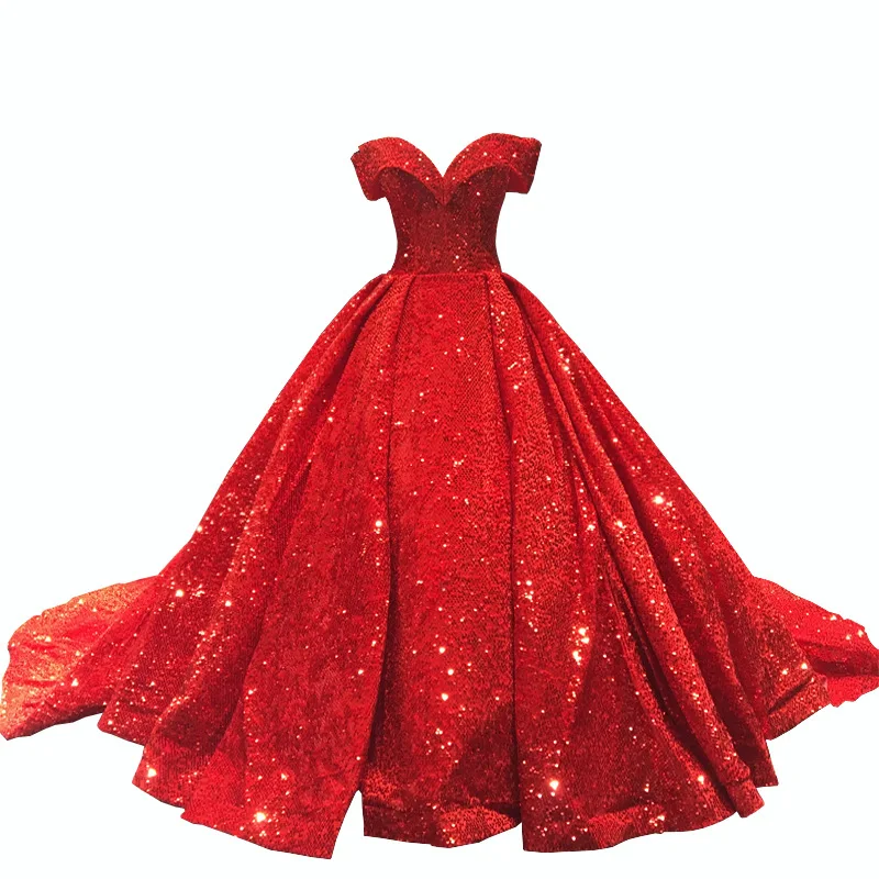 Pengpeng Skirt 2024 Handmade Customized Bridal Ball One Line Neck Sequin Large Display Red Dream Tail Wedding Dress