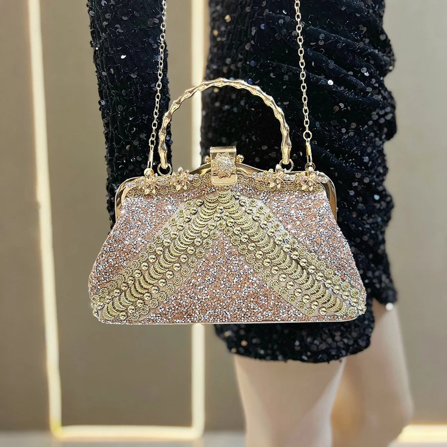Diamond Evening Clutch Bag Golden Boutique Novelty Metallic Rhinestone Purses  Handbags Bridal Wedding Party Chain Shoulder Bags - view 6