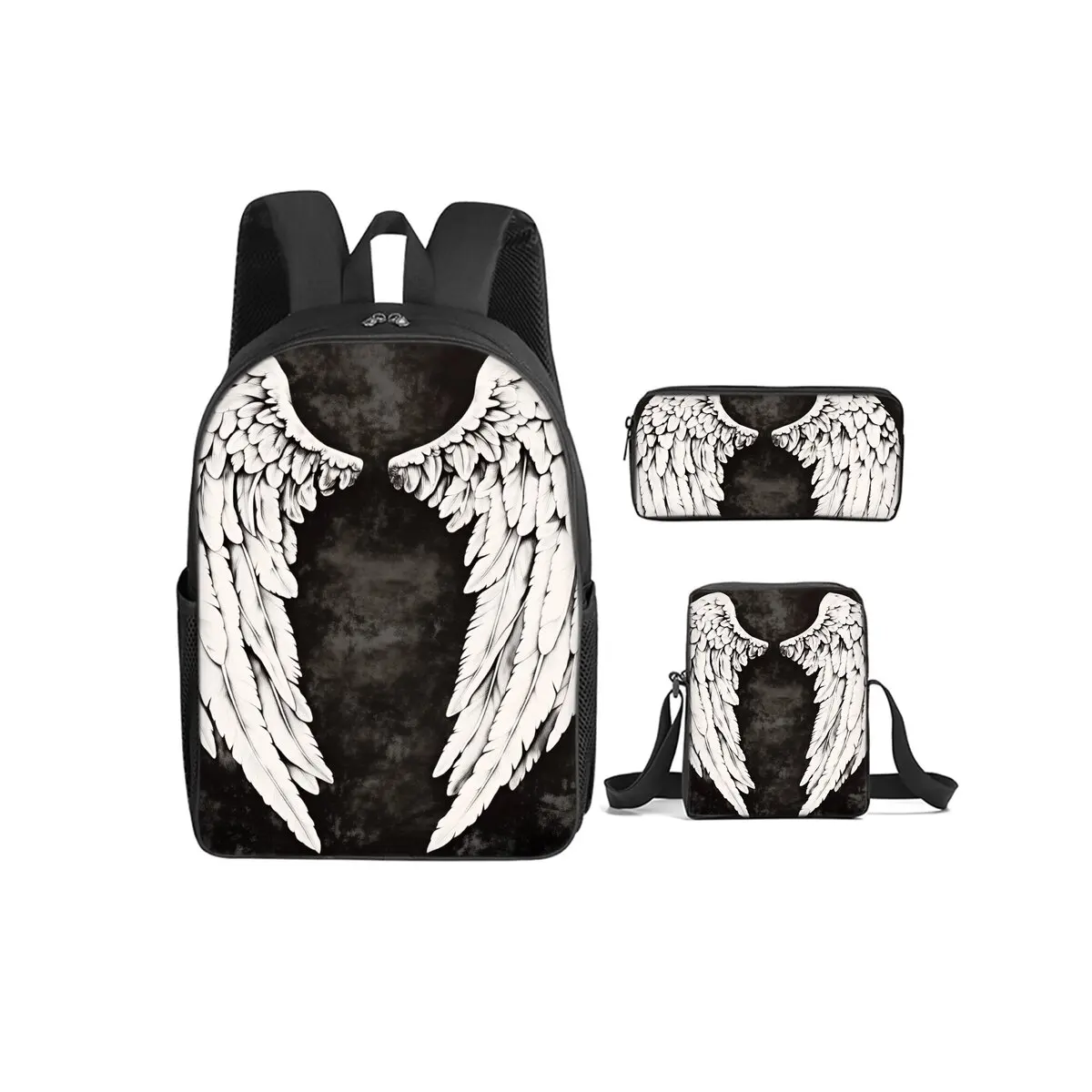 Engelsflügel 3-teiliges Set Rucksack mit Umhängetaschen, Stifttaschen für Jungen/Mädchen, bestes Geschenk, 2D flache Cartoon-Schultaschen für Schüler