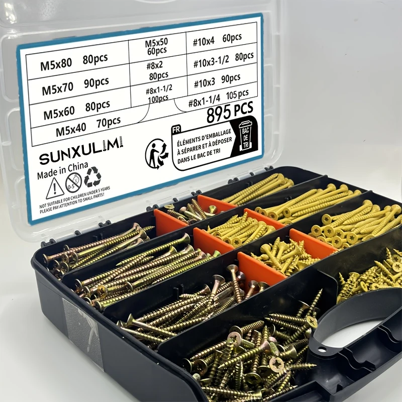895 pieces of colored zinc, yellow wood screws, M5, #8 and #10 sizes, for decoration, furniture, and carpentry - hexagonal drive