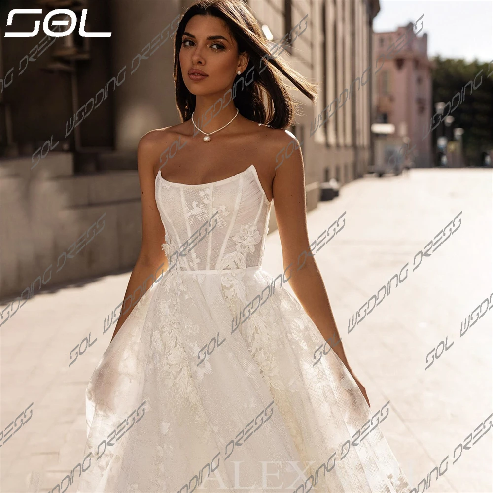 Vestido De novia De tul con cuello redondo, prenda elegante con Apliques De encaje 3D, línea A en la espalda, vestido De novia