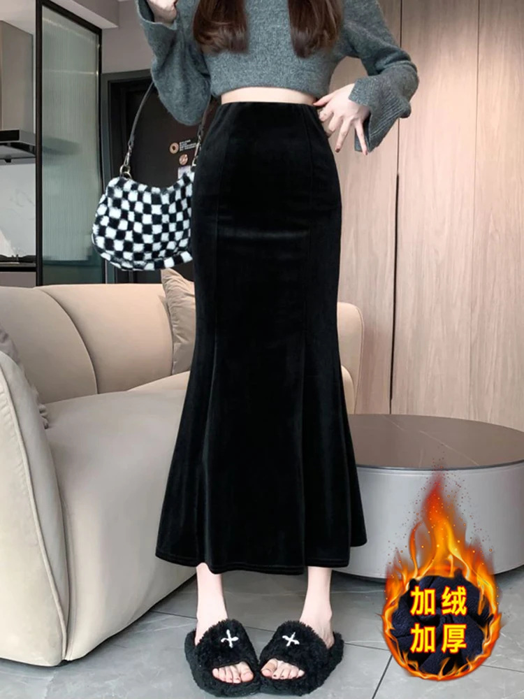 

Autumn Winter New Fashion Velvet Half Skirt Women A- Line Fish Tail Thickened Fleece High Waist Slimming Mid-Length Skirts