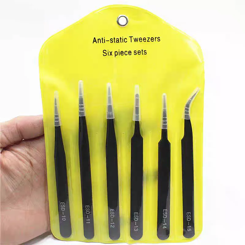 Antistatic Stainless Steel Tweezers 6 PCS Precision Maintenance Industrial Repair Curved Tool Home Model Making Cocktail Set