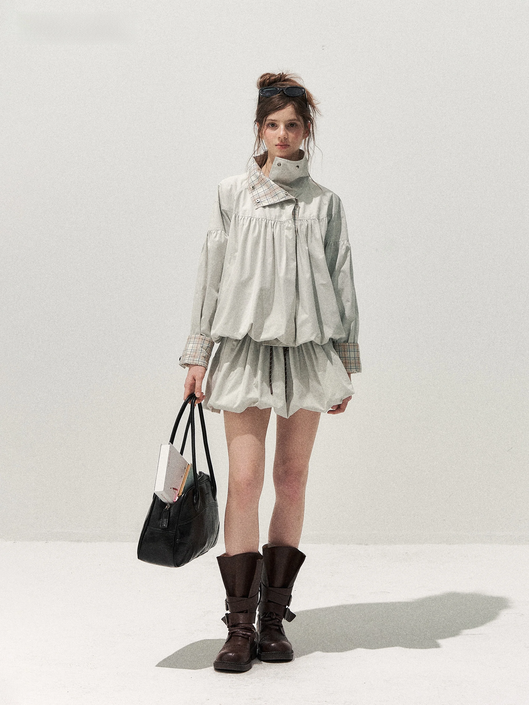 SunsetPark Blue Grey Plaid Patchwork Loose Bud Skirt Suit Autumn Long Sleeve Fashion Set Women's Coat And Skirt Ensemble