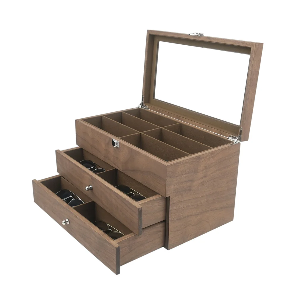 New Top Quality 18 Grids Sunglasses Organizer Box Wooden 3 Layer Glasses Storage Box Jewelry Sunglasses Eyewear Display Case Box