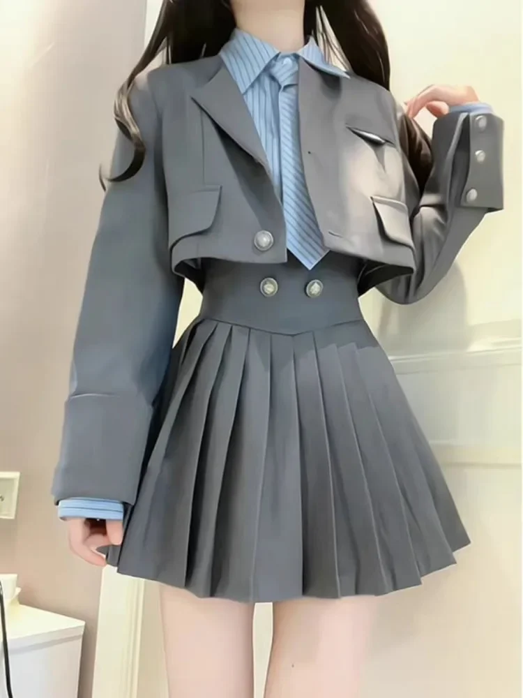 Winter Vintage 3 Piece Set Women Patchwork Kawaii Skirt Suit Female Korean Fashion Short Coat+Pleated Skirt+Striped Shirt 2023