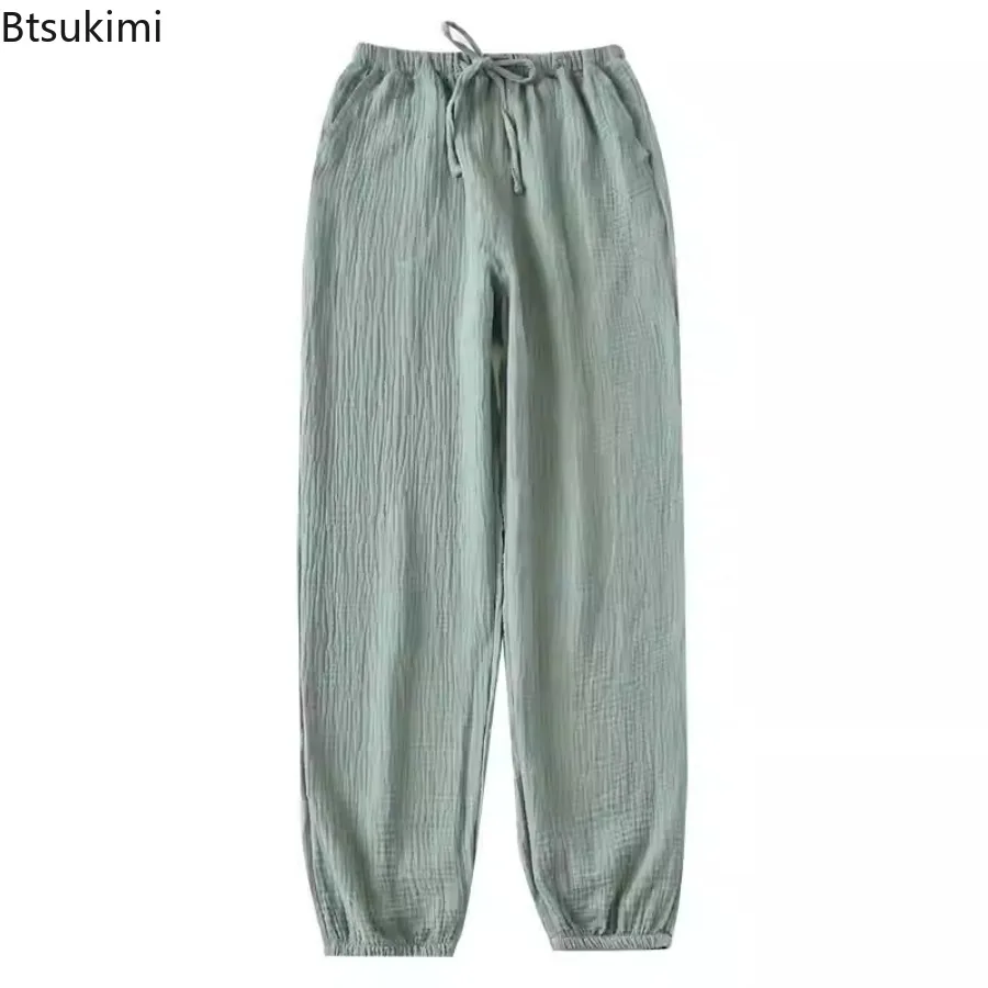 Japanese Style New Men's Pajamas Pants 100% Cotton Crepe Cloth Solid Color Casual Home Trousers Spring Autumn Men Sleep Bottoms