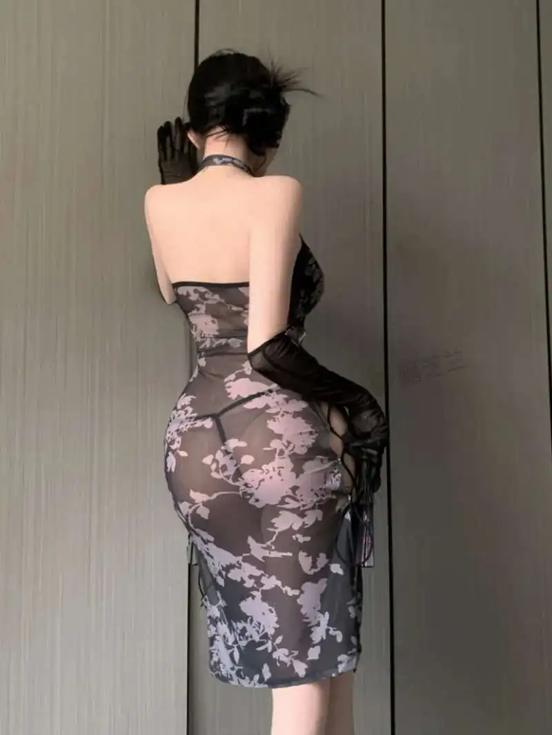 เซ็กซี่สไตล์จีนใหม่ปรับปรุง SHEER High Slit หมึกสไตล์เซ็กซี่ LACE-up Cheongsam สําหรับผู้หญิงชุดหวานเสื้อ 46XA