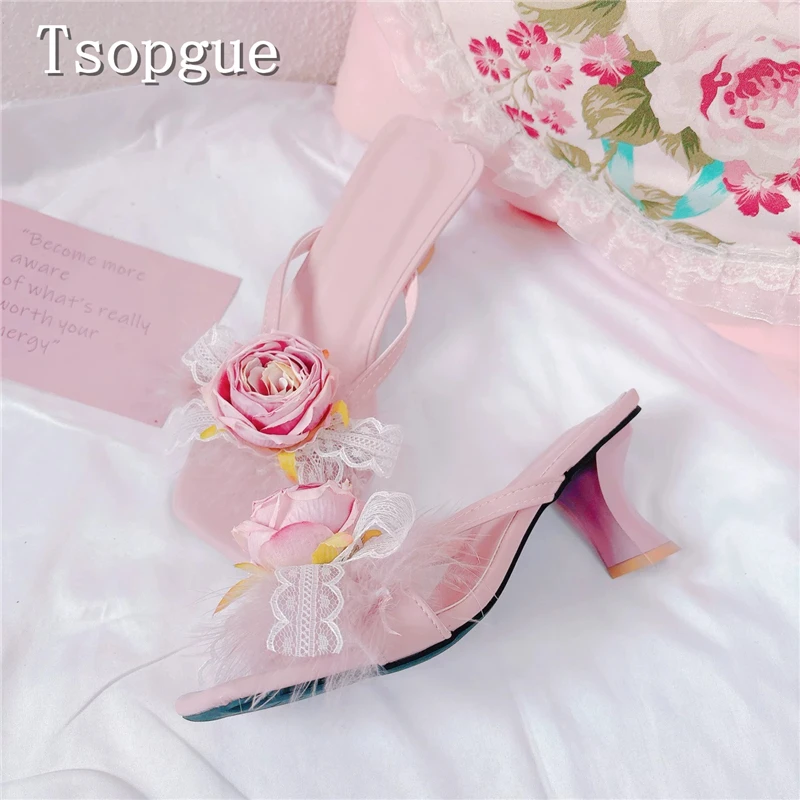 Sweet Pink Rose Lace Feather Decor Mule Square Open Toe Kitten Heel Slides Elegant Bridal Wedding Lolita Girls Dress Sandals