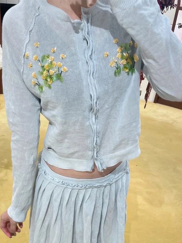 Shanghai Version 26ss Vintage Buttoned Flower Short Lightweight Knitted Open Cardigan Soft Regenerated Green Fiber Women's Sw...