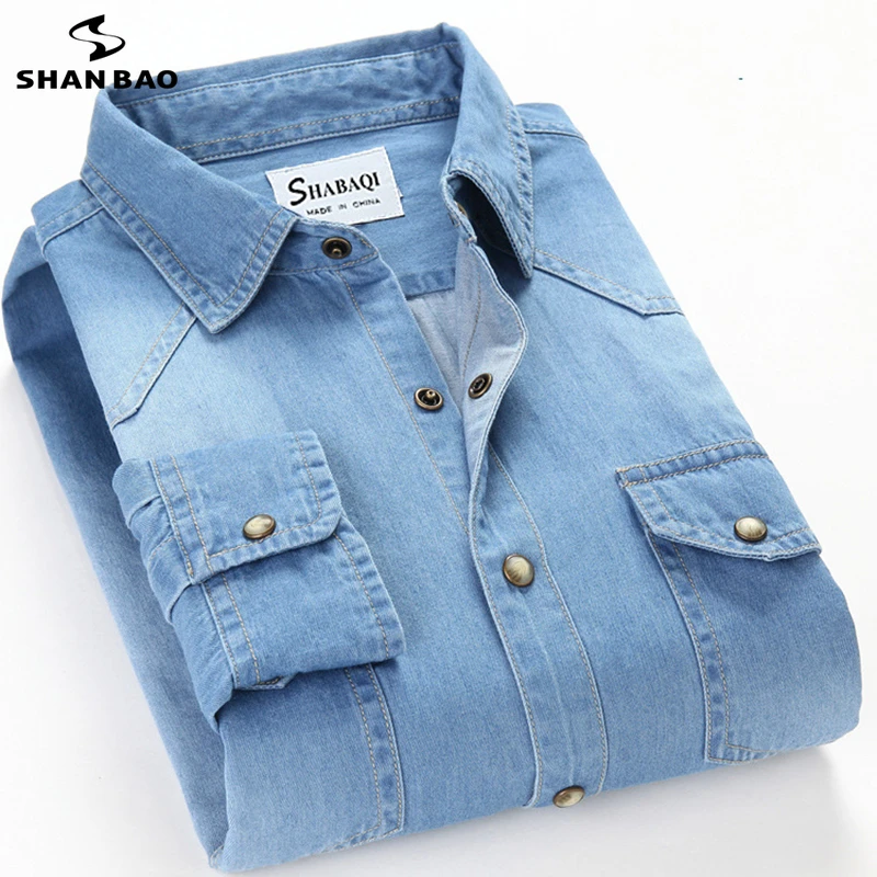 SHAN BAO Men's Slim Denim Shirt 2022 spring High Quality 100% Cotton Square Collar Pocket Button Fashion Long Sleeve Shirt