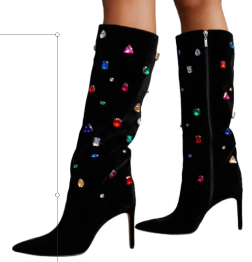 

Black Velvet Elastic Seam Drill Fashion Pointed Stiletto Boots Knee-High Boots Winter Sexy Boots