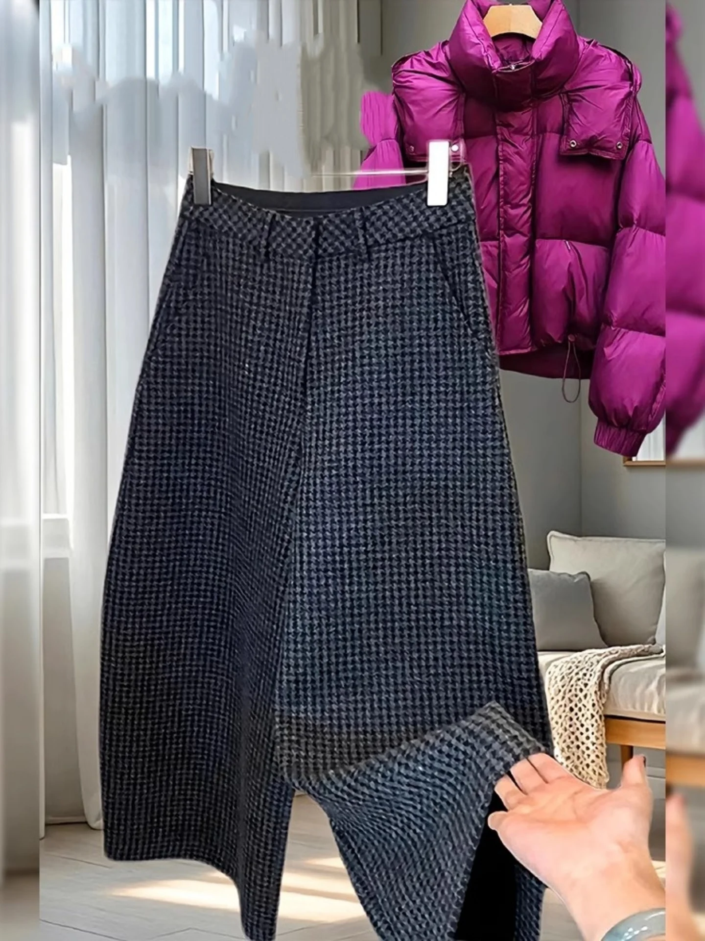 

Thickened Woolen Plaid Pants Women's Spring New Large Size Pear Shape Small Figure Loose Slimming Harlan Nine Points Pants