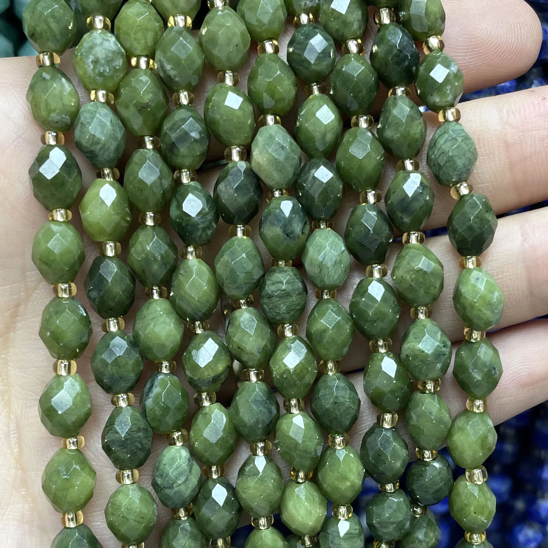 Faceted Natural Stone Rice Shape Green Canadian Jades Spacer Beads For Jewelry Making DIY Bracelet Earrings Necklace 6X8MM