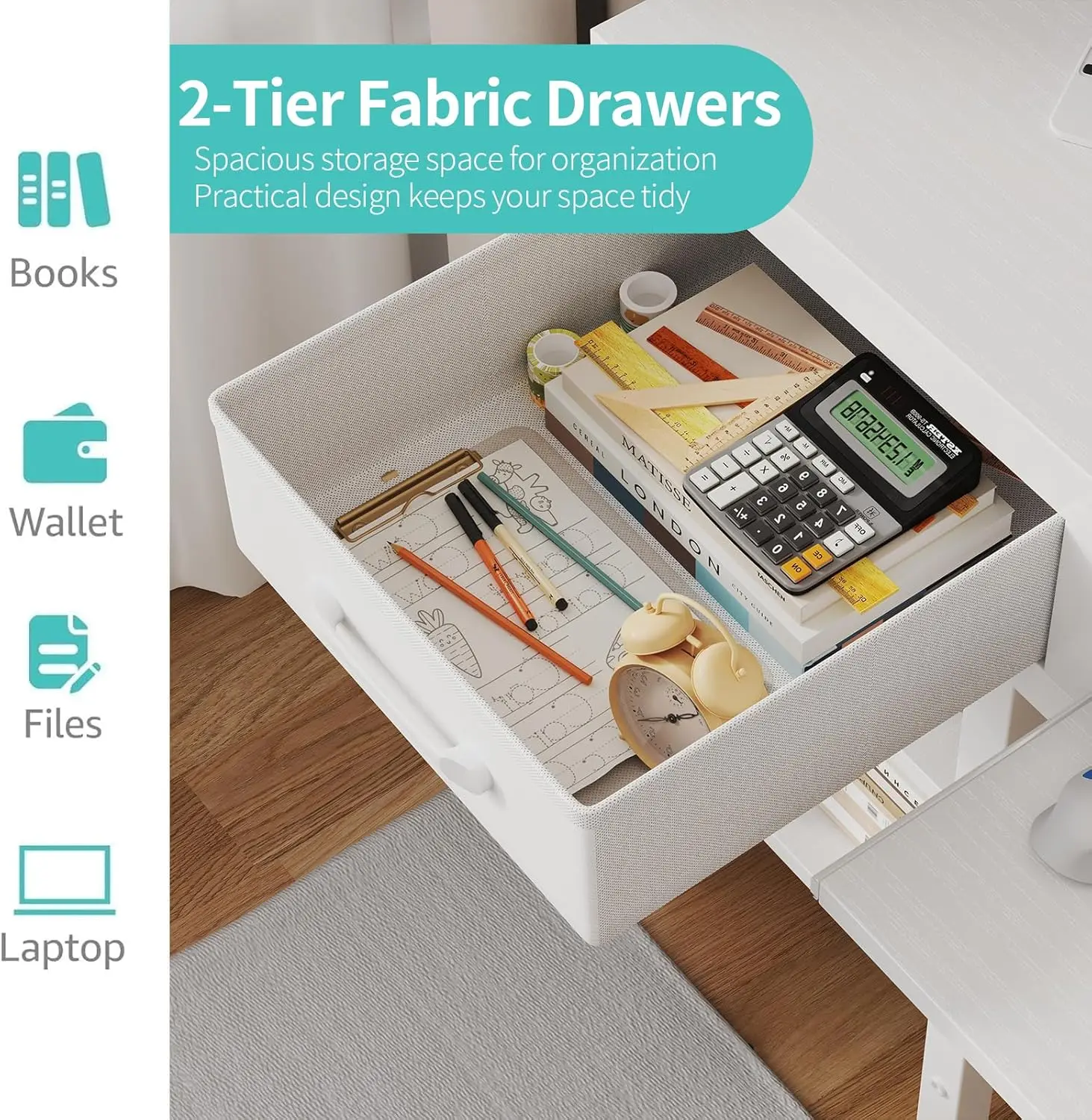 White Desk with Keyboard Tray Slide Out, 47 Inch Home Office Computer Desks with Fabric Drawers & Storage Shelves
