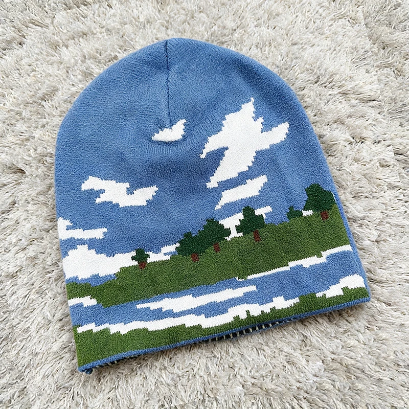Frühlings-Strickmütze mit niedlichem Cartoon-Muster, warm, lässig, personalisierbar, vielseitige Pullover-Mütze für alle Jahreszeiten