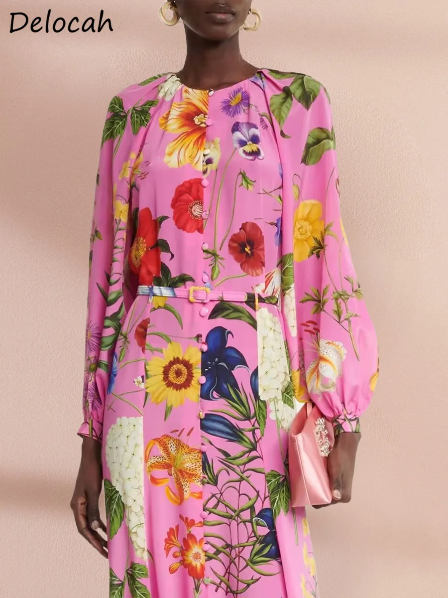 Delocah High Quality Spring Women Fashion Runway Holiday Maxi Dress With Belt Lantern Long Sleeve Flower Printed Long Dresses
