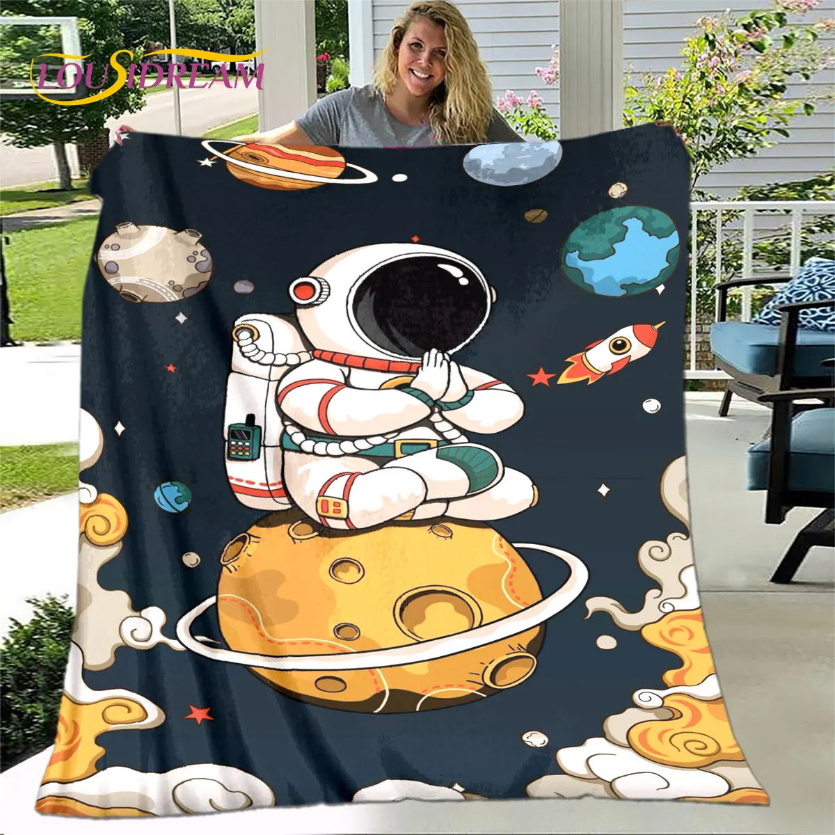 Child Cartoon Astronaut Outer Space Blanket,Flannel Blanket Throw Blanket,Soft Warm Blanket for Living Room Bedroom  Sofa Gift