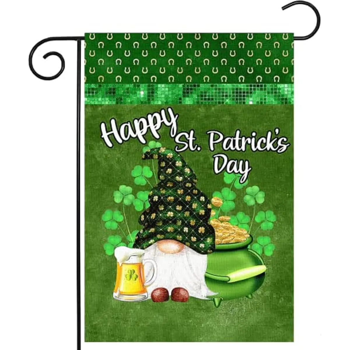 

Happy St Patricks Day Gnome Garden Flag Double Sided Green Shamrock Clover Outside Burlap Gold Coin Beer Small