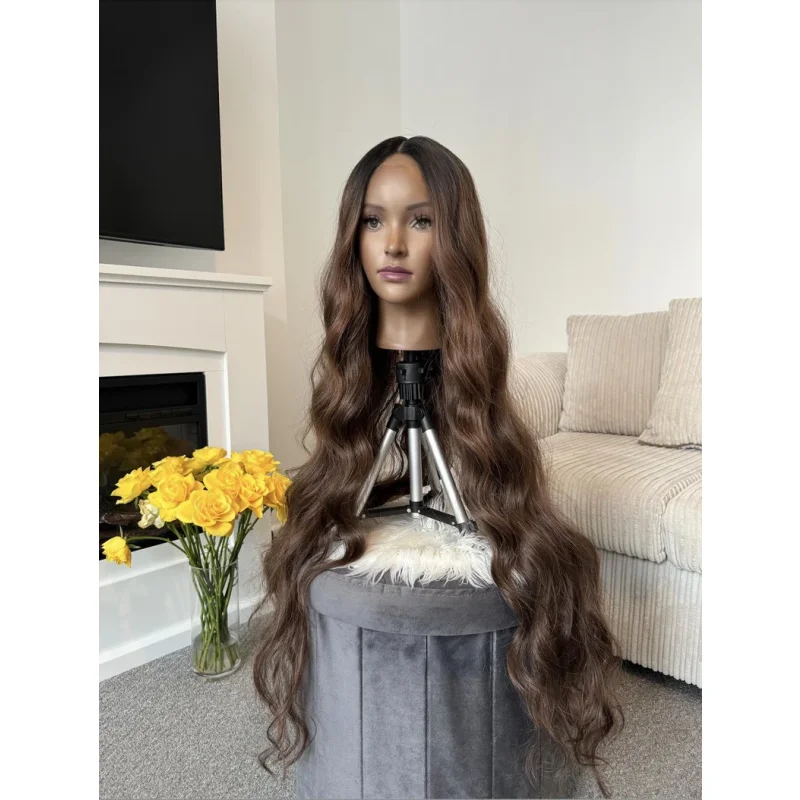 

36 inches Luxury Ombre Brown Long Wavy Synthetic Hair Lace Front Wig For Women 180% Density Cosplay wig