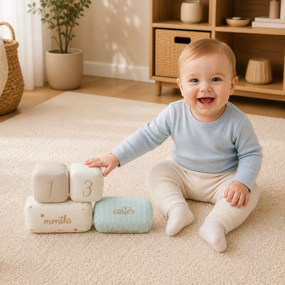 Baby Photo Props Set Soft Newborn Milestone Stitched Numbers Starry Time Word Soft Photoshoot Cotton Blocks Memory Keepsake Gift