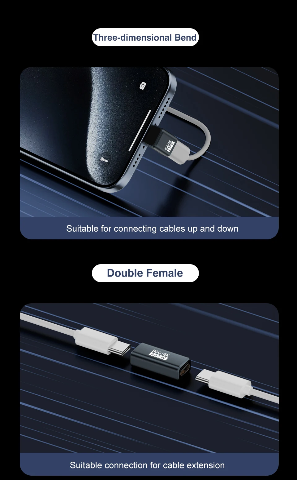 USB4 V2 90-Grad-Typ-C-Winkeladapter 80 Gbit/s Thunderbolt 5 4 3 Winkeladapter 240 W USB-C-Kabelstecker 40 Gbit/s für MacBook Air – Detail 16