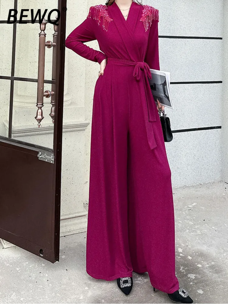 

BEWQ Fashion Women's Jumpsuit V-neck Long Sleeve Patchwork Beading Lace-up Wasit Solid Color Loose Jumpsuits 2025 Autumn New