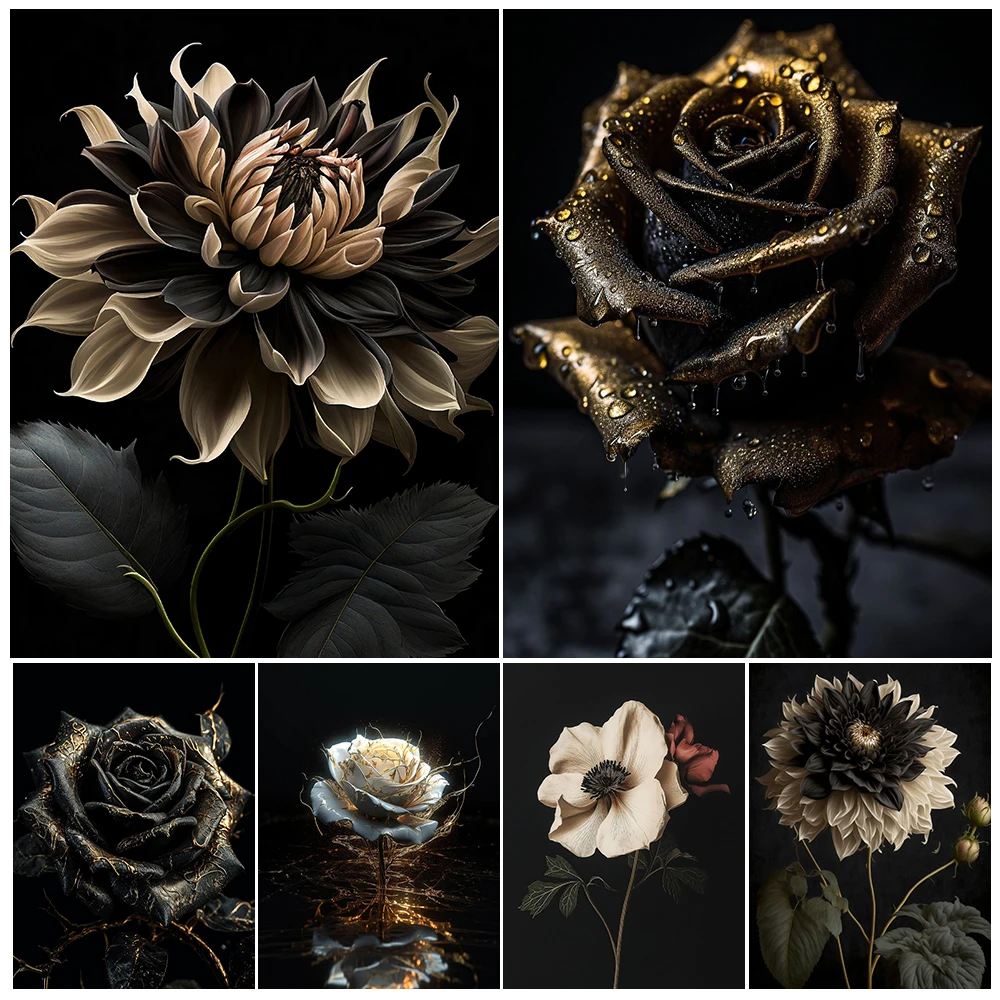 Black Dahlia Dark Botanical Goth Cottagecore Dark Floral  Wall Art Canvas Painting,Boho Floral Botanical Art Poster Print Decor