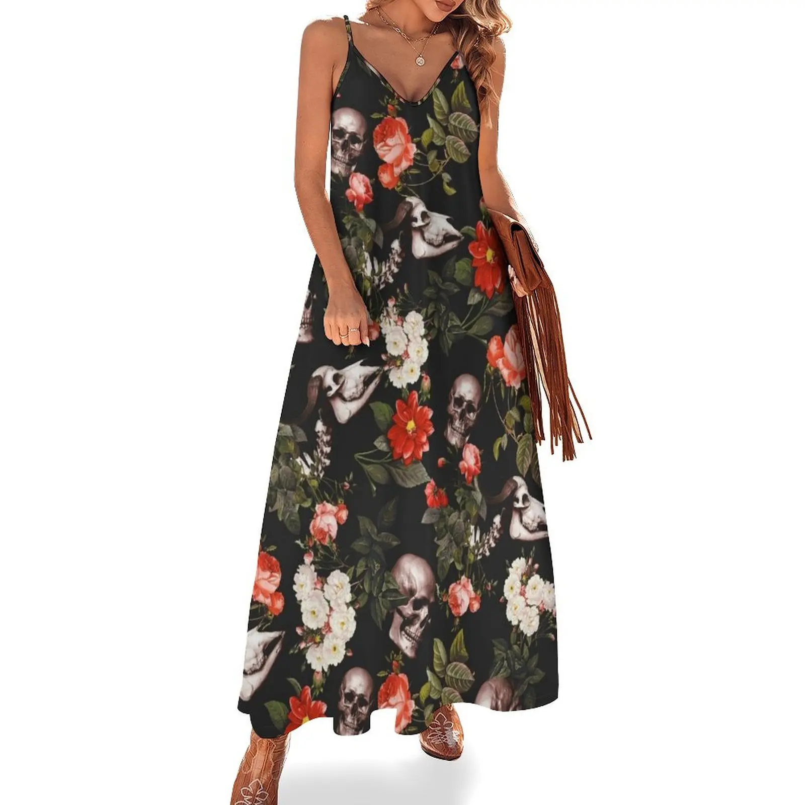 

Skull and Floral Pattern Sleeveless Long Dress long dress women summer dresses for official occasions Women's dress