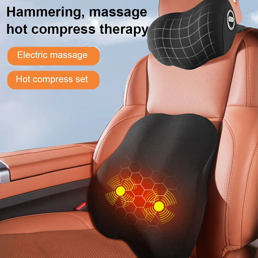 3 In1 Car Electric Heating Lumbar Support Headrest Vibration Massage Lumbar Support Neck Pillow Lumbar Cushion Car Seat Supplies